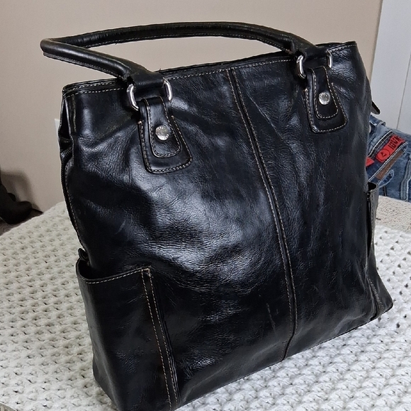 Fossil Black Leather Tote Bag Dubble Handdle - Picture 4 of 17